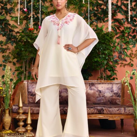 Off-white Beaded Handwork Kaftan Set
