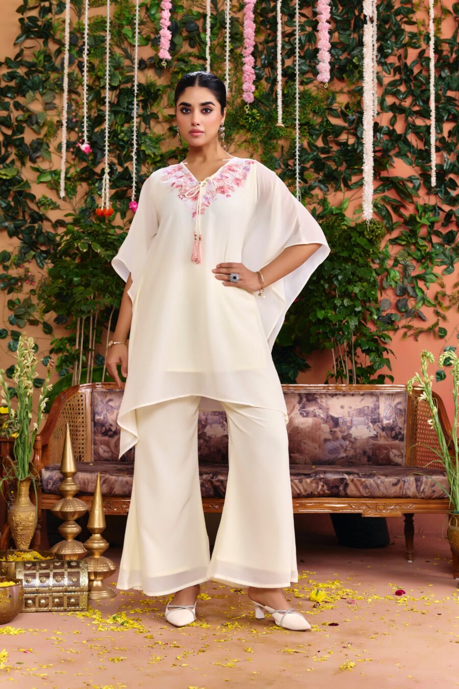 Off-white Beaded Handwork Kaftan Set