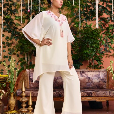 Off-white Beaded Handwork Kaftan Set - View 2 | PPAVAKEY Ethnic Wear