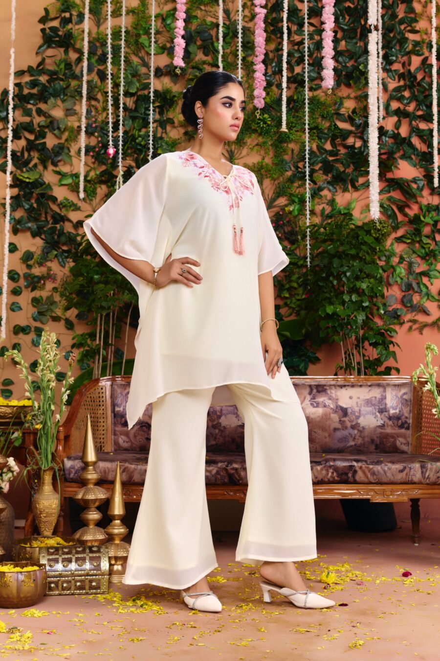 Off-white Beaded Handwork Kaftan Set - View 2 | PPAVAKEY Ethnic Wear