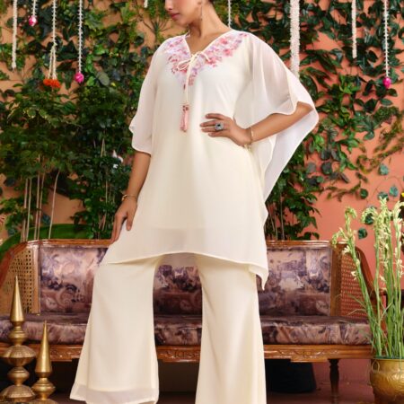 Off-white Beaded Handwork Kaftan Set - View 5 | PPAVAKEY Ethnic Wear
