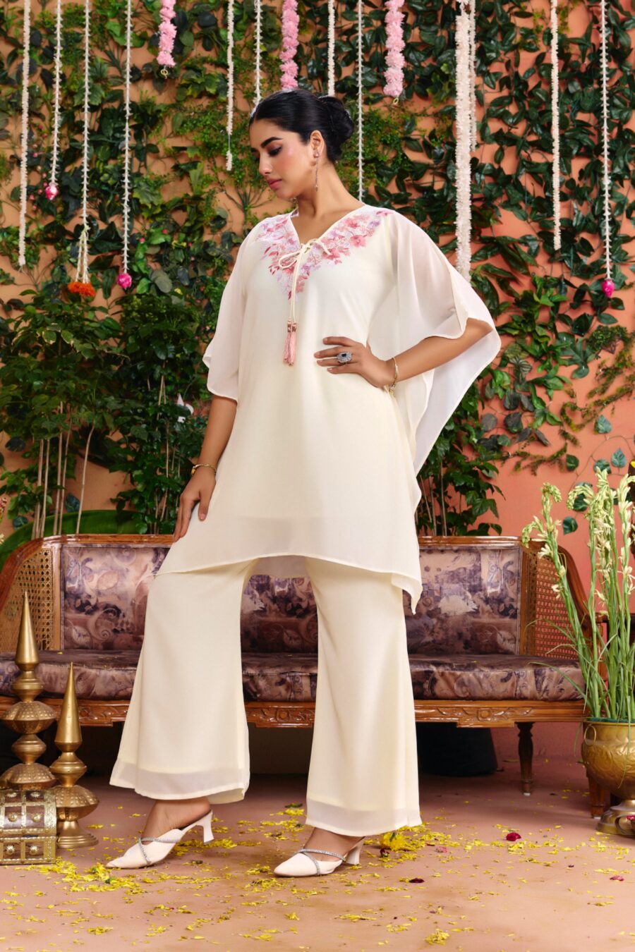 Off-white Beaded Handwork Kaftan Set - View 5 | PPAVAKEY Ethnic Wear