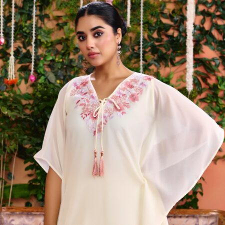 Off-white Beaded Handwork Kaftan Set - View 6 | PPAVAKEY Ethnic Wear