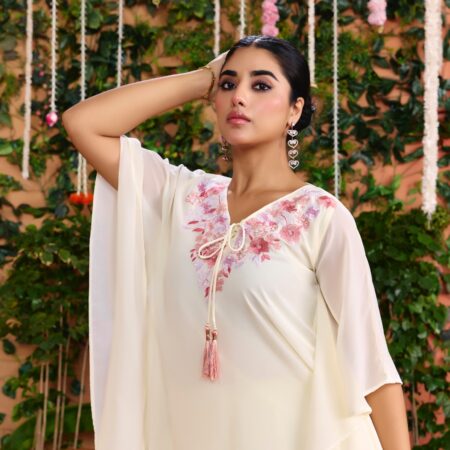 Off-white Beaded Handwork Kaftan Set - View 7 | PPAVAKEY Ethnic Wear