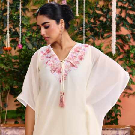 Off-white Beaded Handwork Kaftan Set - View 9 | PPAVAKEY Ethnic Wear