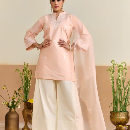 Peach Cotton Embroidered Kurti set with Dupatta