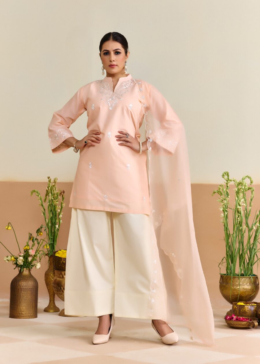 Peach Cotton Embroidered Kurti set with Dupatta