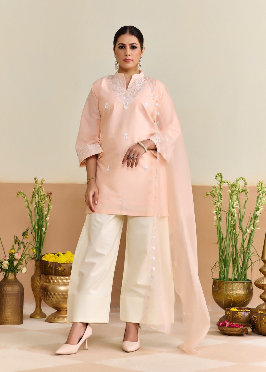 Peach Cotton Embroidered Kurti set with Dupatta - View 2 | PPAVAKEY Ethnic Wear