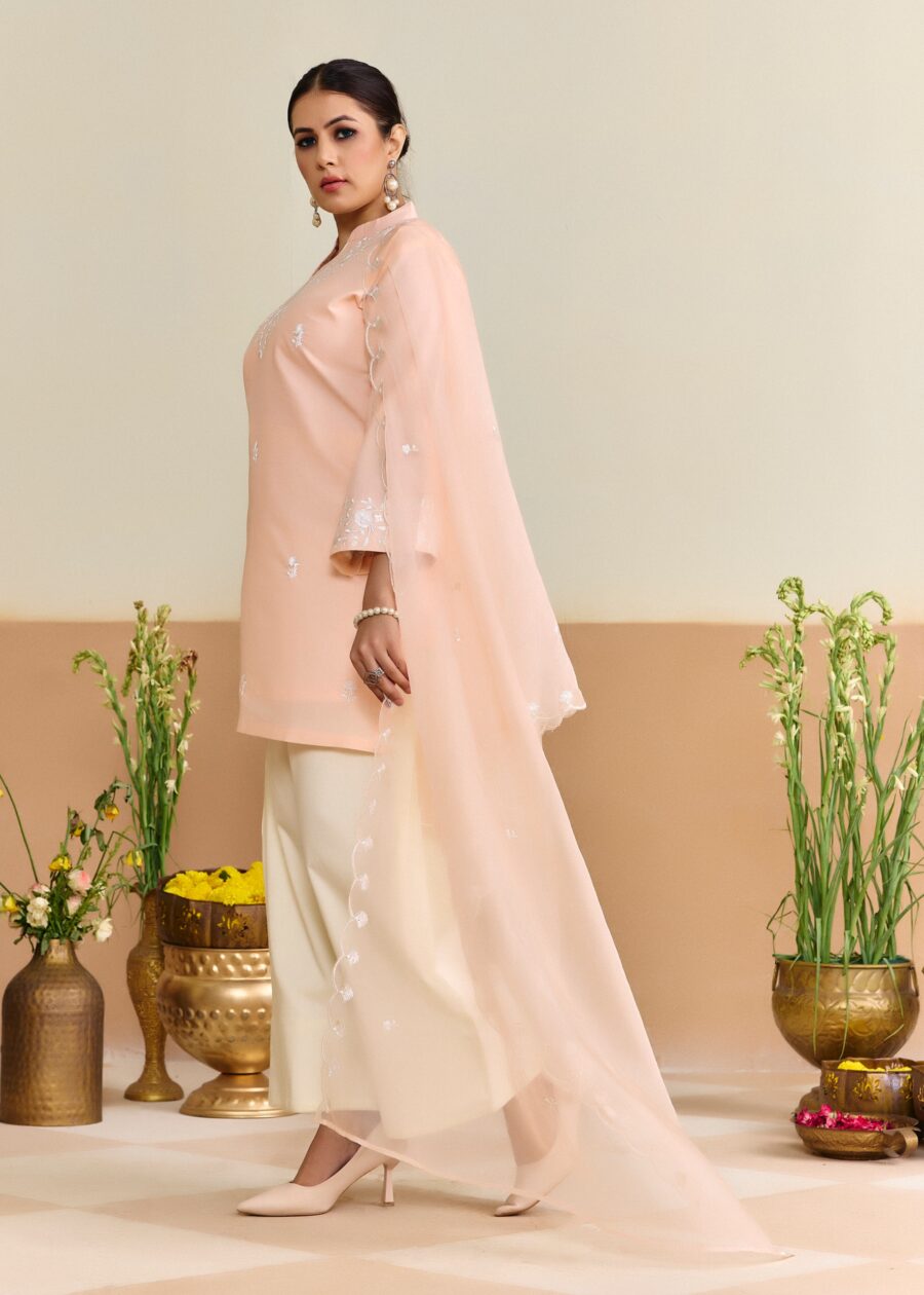 Peach Cotton Embroidered Kurti set with Dupatta - View 3 | PPAVAKEY Ethnic Wear