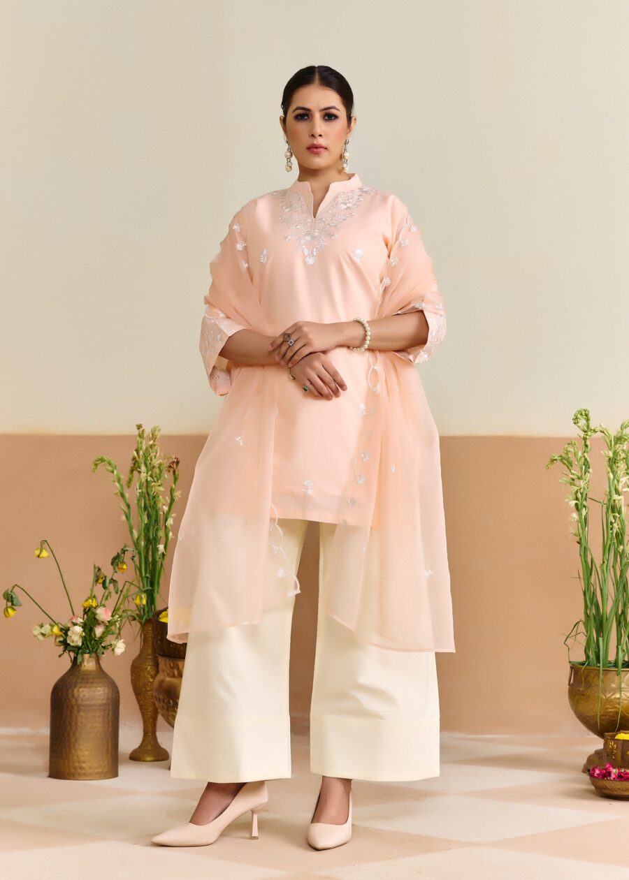 Peach Cotton Embroidered Kurti set with Dupatta - View 5 | PPAVAKEY Ethnic Wear