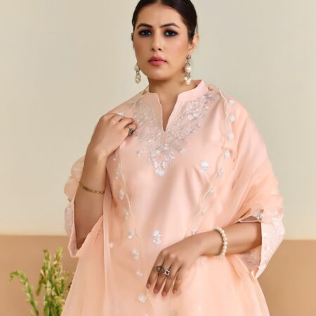 Peach Cotton Embroidered Kurti set with Dupatta - View 6 | PPAVAKEY Ethnic Wear