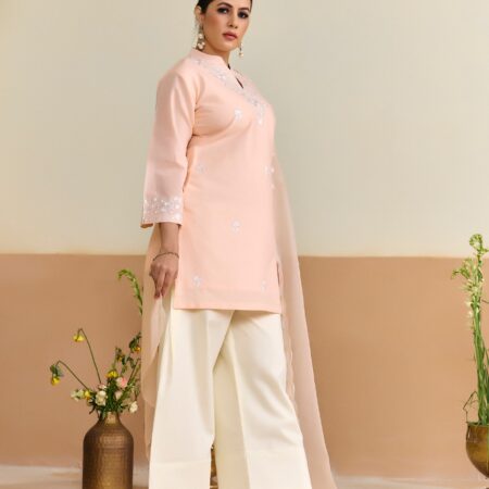 Peach Cotton Embroidered Kurti set with Dupatta - View 7 | PPAVAKEY Ethnic Wear