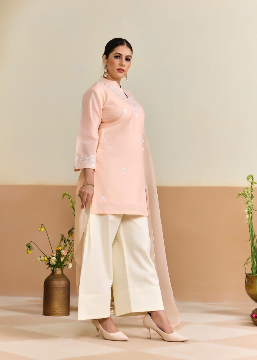 Peach Cotton Embroidered Kurti set with Dupatta - View 7 | PPAVAKEY Ethnic Wear