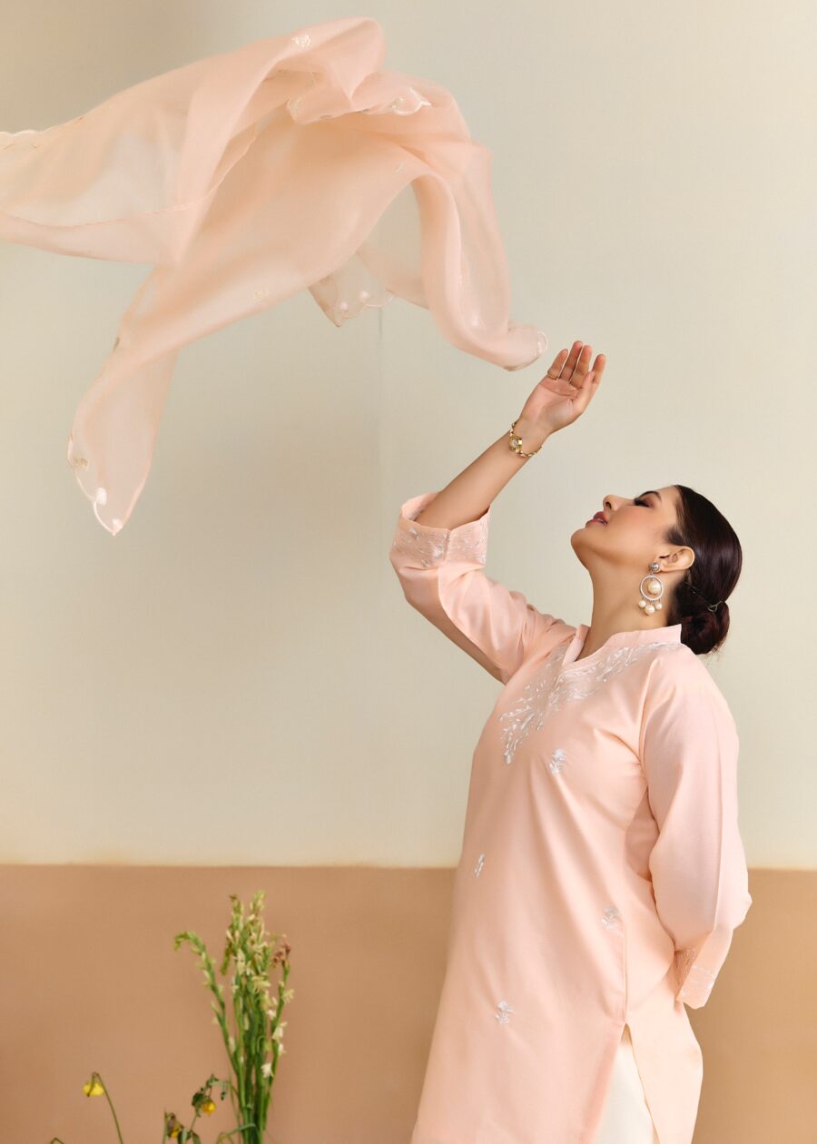 Peach Cotton Embroidered Kurti set with Dupatta - View 8 | PPAVAKEY Ethnic Wear