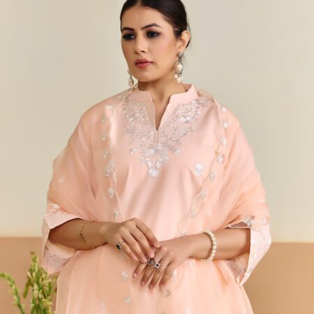 Peach Cotton Embroidered Kurti set with Dupatta - View 9 | PPAVAKEY Ethnic Wear