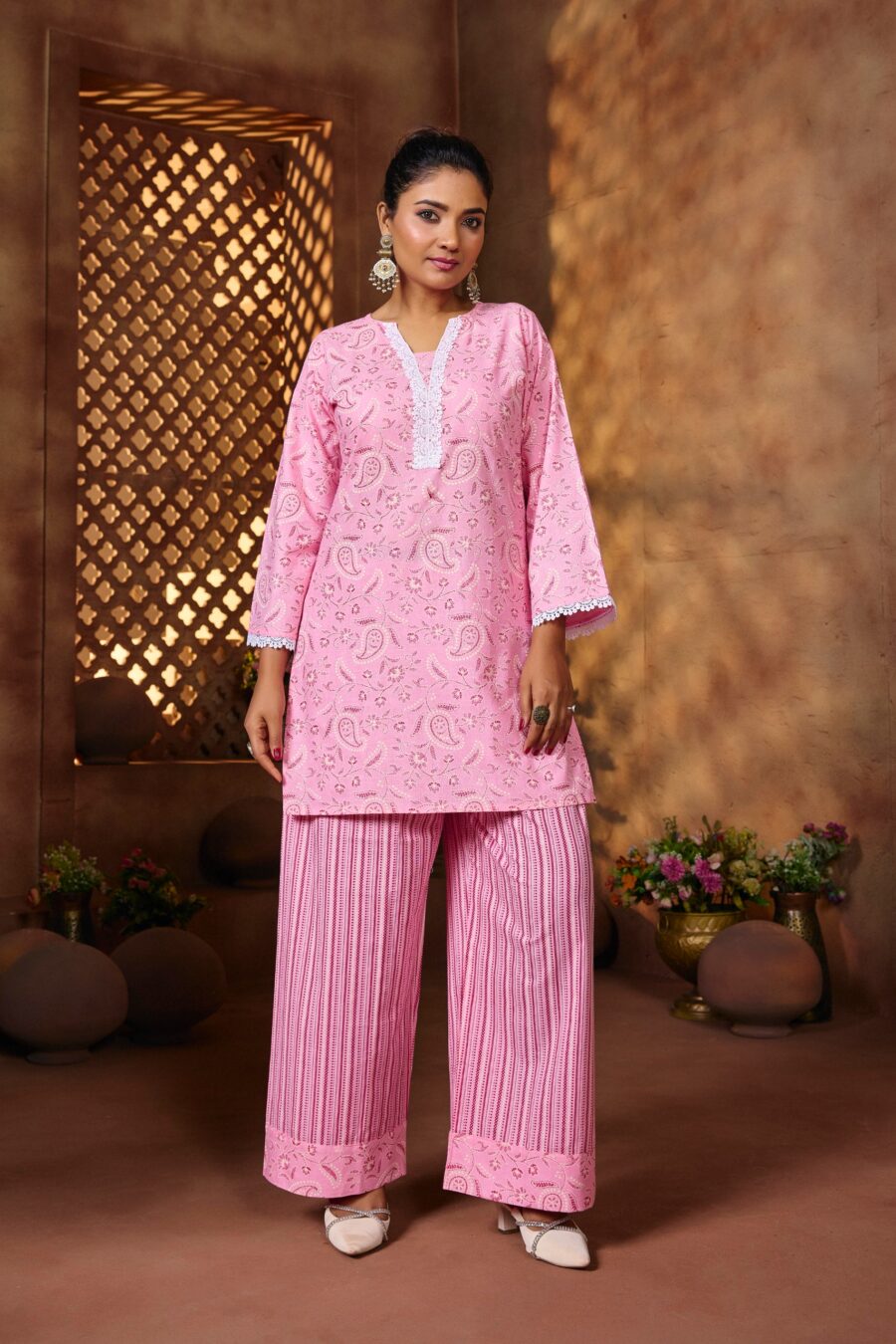 Pink Cotton Geometric Printed Co-ord set - View 2 | PPAVAKEY Ethnic Wear