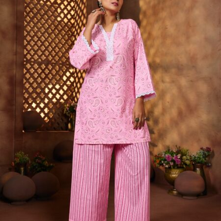 Pink Cotton Geometric Printed Co-ord set - View 3 | PPAVAKEY Ethnic Wear