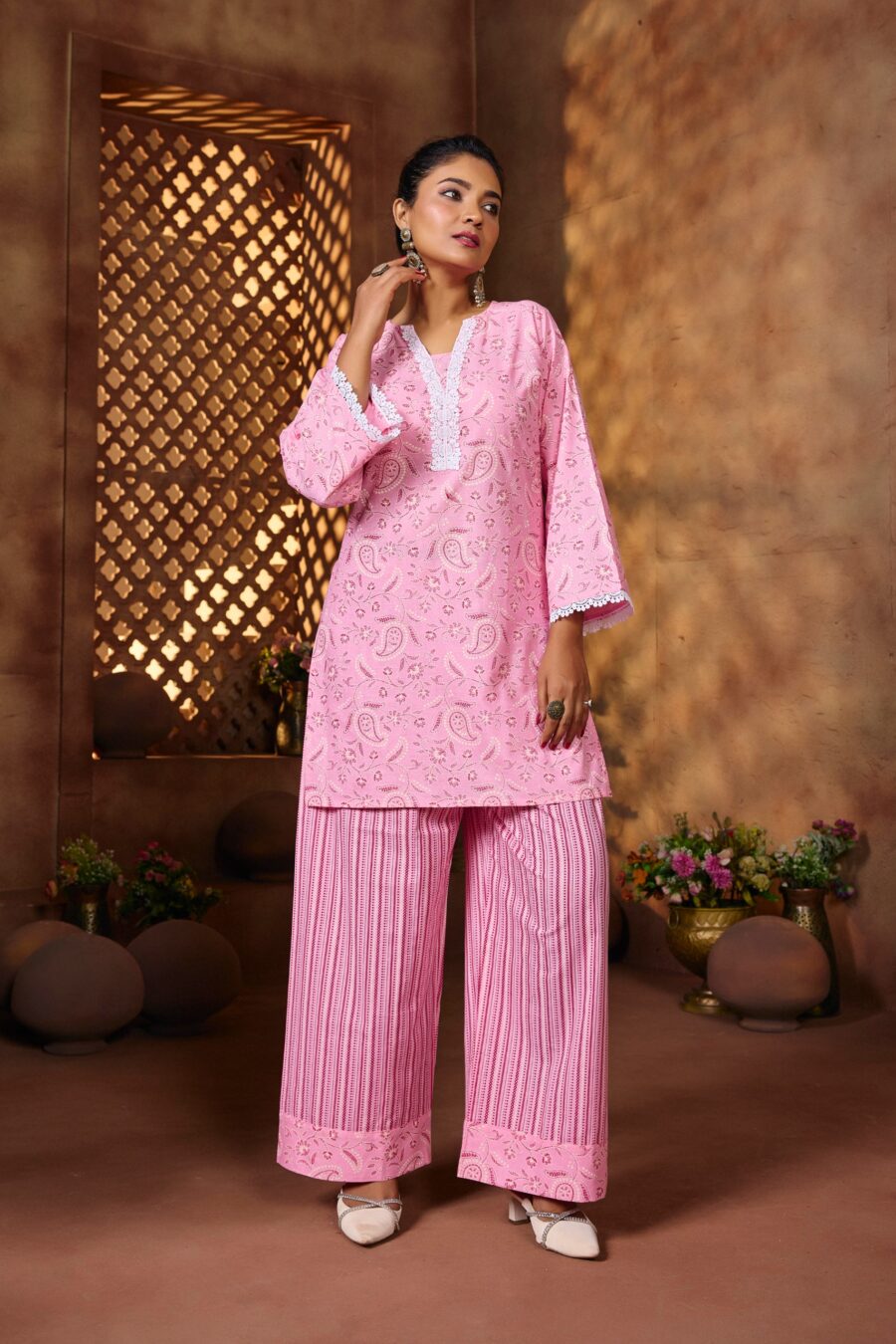 Pink Cotton Geometric Printed Co-ord set - View 3 | PPAVAKEY Ethnic Wear