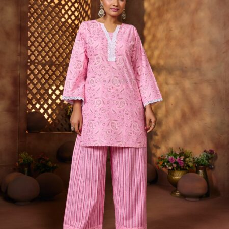 Pink Cotton Geometric Printed Co-ord set - View 4 | PPAVAKEY Ethnic Wear