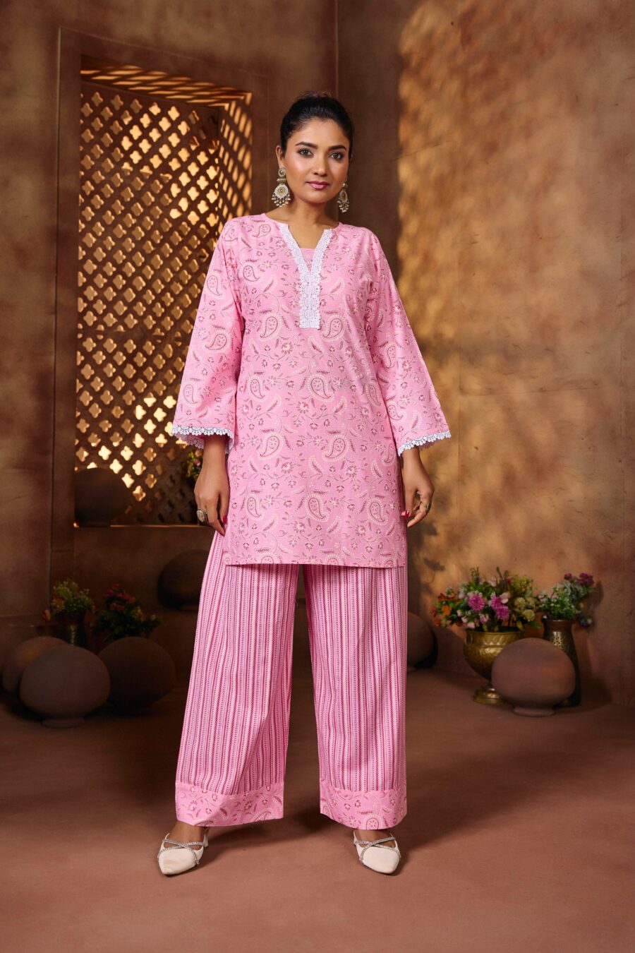 Pink Cotton Geometric Printed Co-ord set - View 4 | PPAVAKEY Ethnic Wear