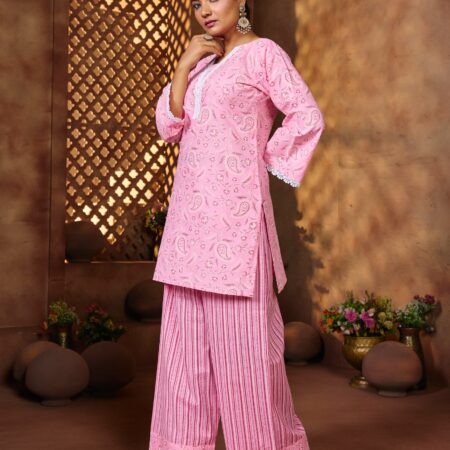 Pink Cotton Geometric Printed Co-ord set - View 6 | PPAVAKEY Ethnic Wear