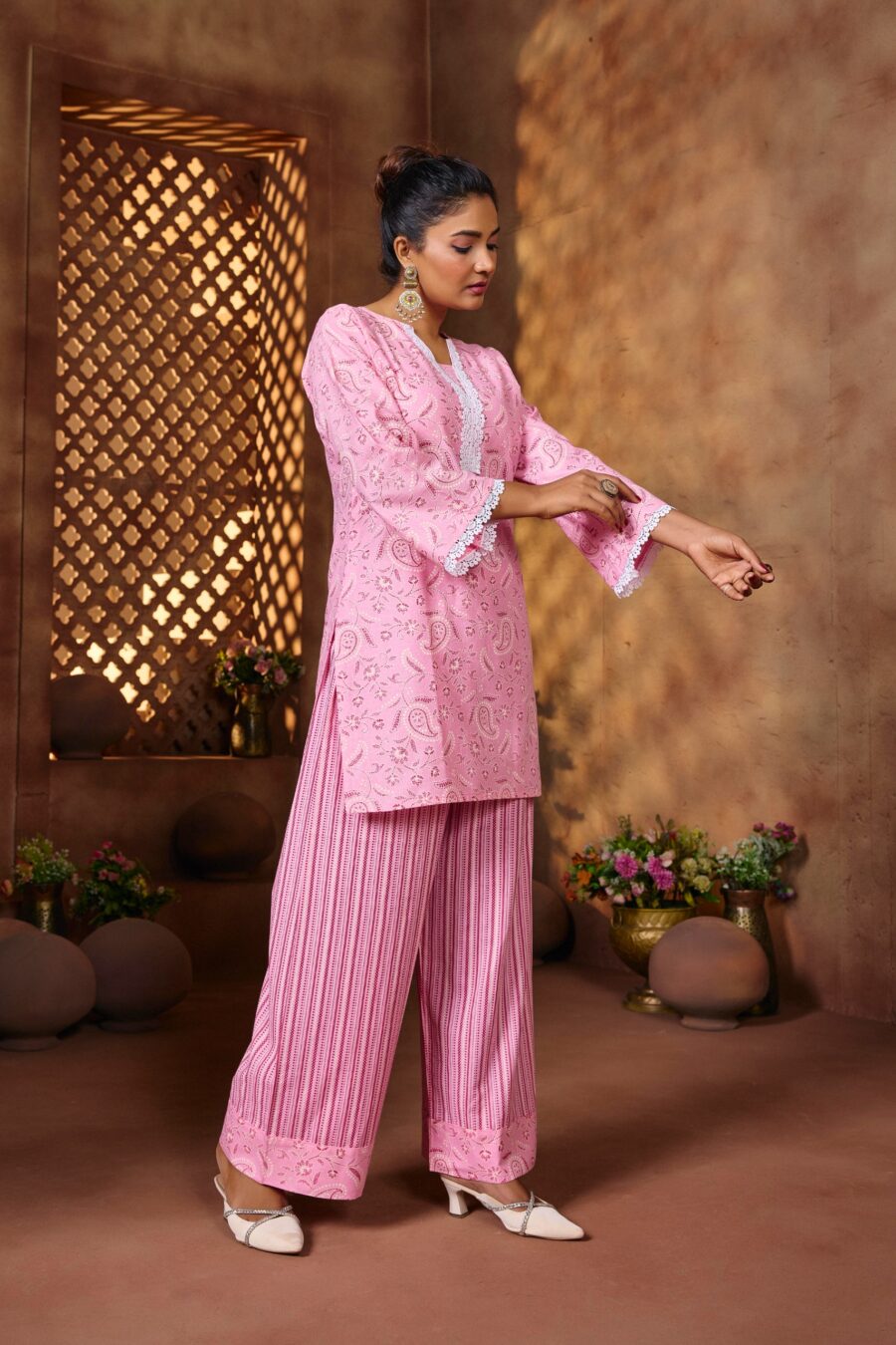 Pink Cotton Geometric Printed Co-ord set - View 8 | PPAVAKEY Ethnic Wear
