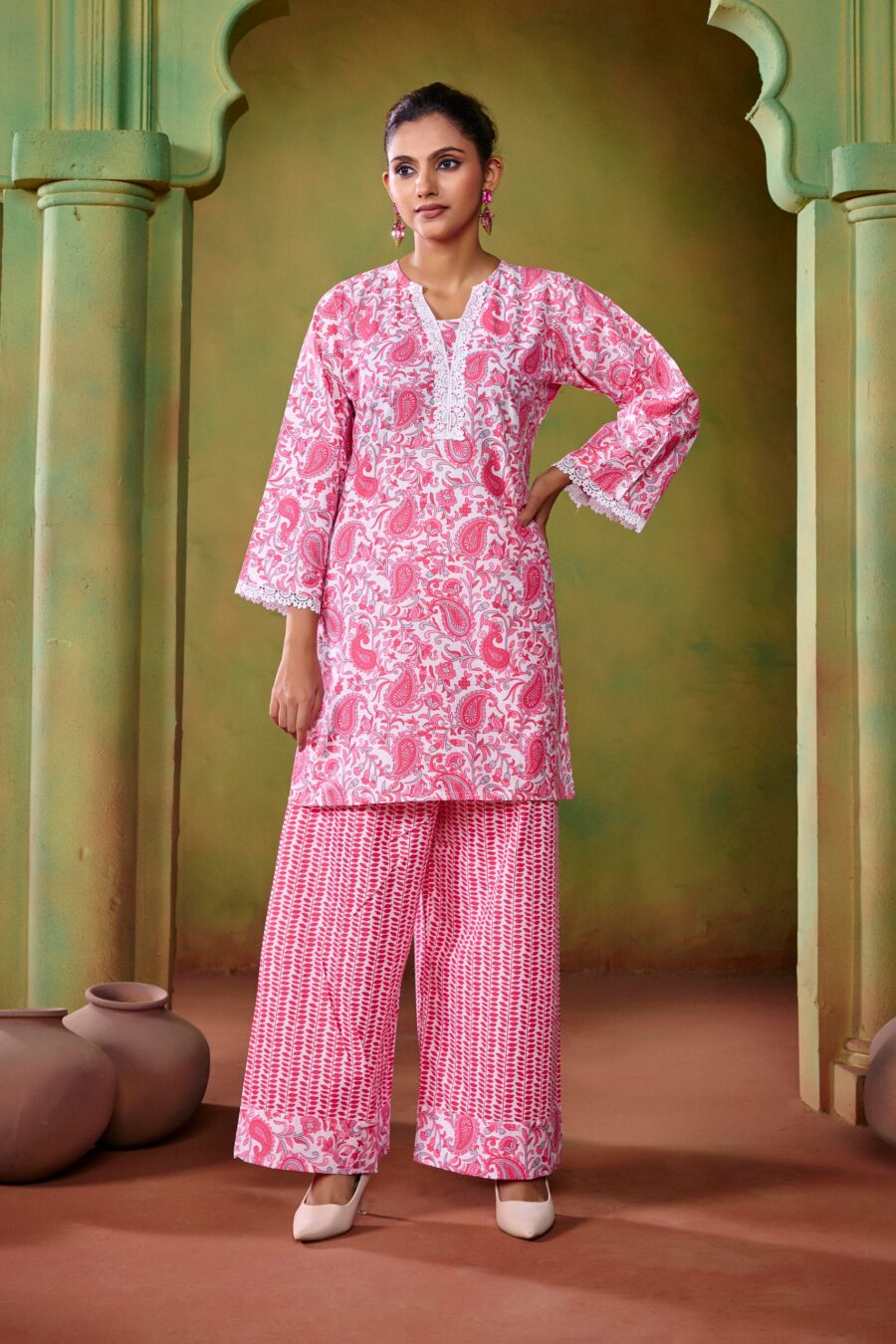 Pink Cotton KathaPrinted Co-ord set - View 2 | PPAVAKEY Ethnic Wear