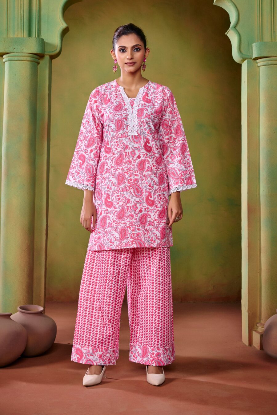 Pink Cotton KathaPrinted Co-ord set - View 3 | PPAVAKEY Ethnic Wear