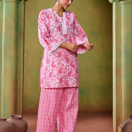 Pink Cotton KathaPrinted Co-ord set - View 4 | PPAVAKEY Ethnic Wear