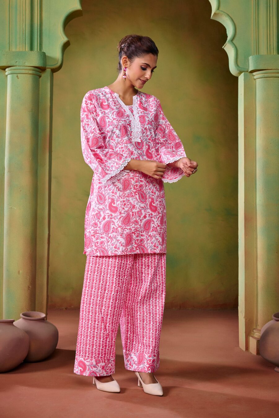 Pink Cotton KathaPrinted Co-ord set - View 4 | PPAVAKEY Ethnic Wear