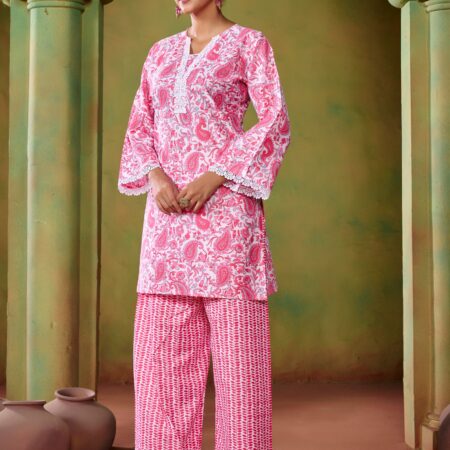 Pink Cotton KathaPrinted Co-ord set - View 5 | PPAVAKEY Ethnic Wear