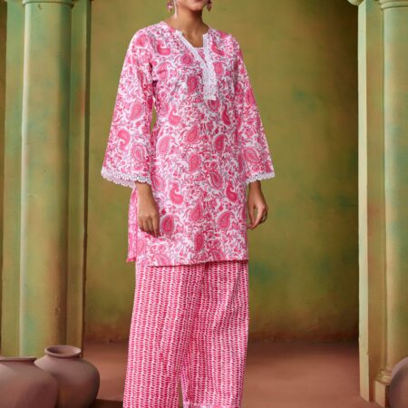 Pink Cotton KathaPrinted Co-ord set - View 6 | PPAVAKEY Ethnic Wear