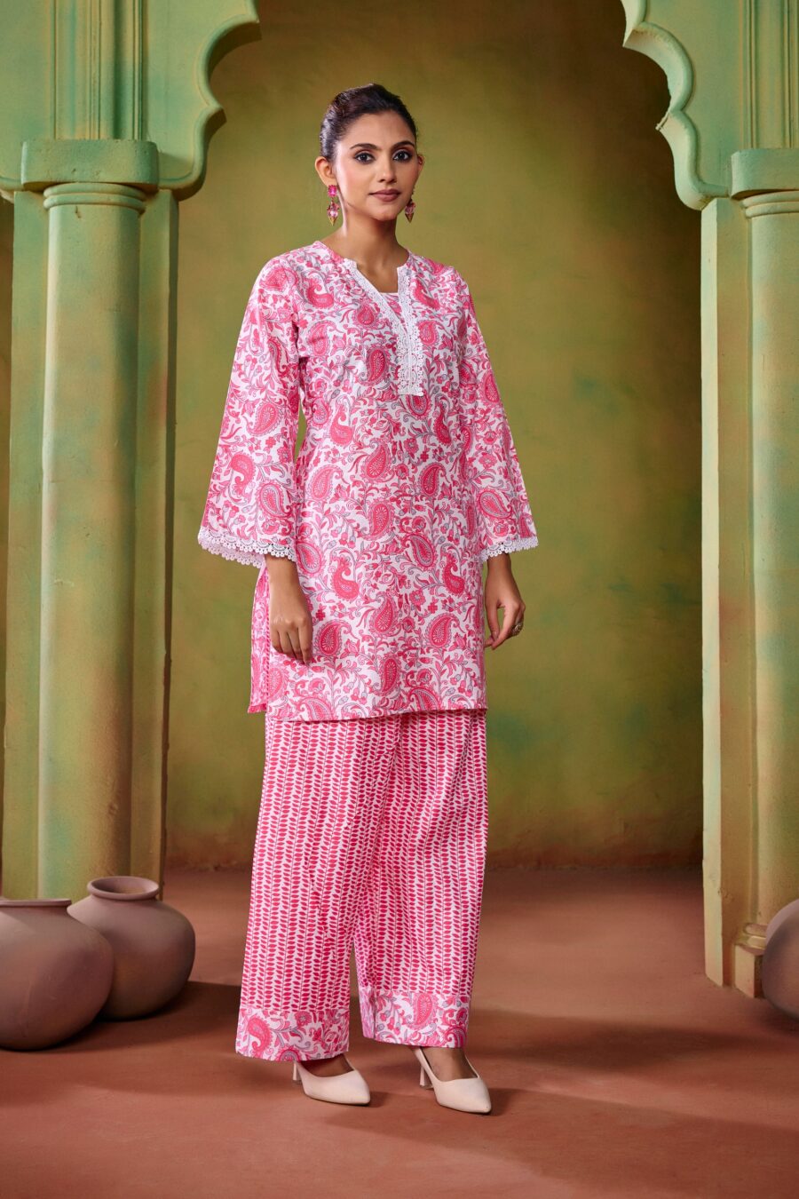 Pink Cotton KathaPrinted Co-ord set - View 6 | PPAVAKEY Ethnic Wear