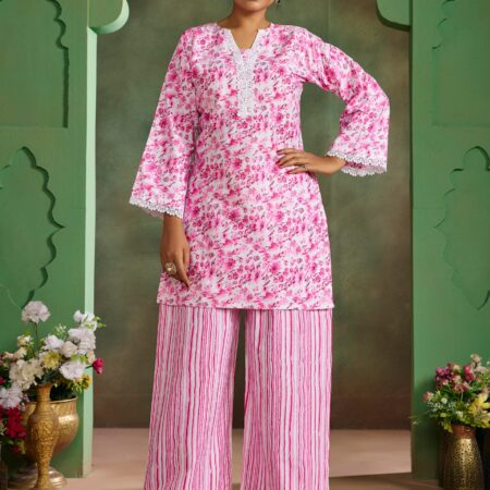 Pink Floral Cotton Printed Co-ord set - View 3 | PPAVAKEY Ethnic Wear