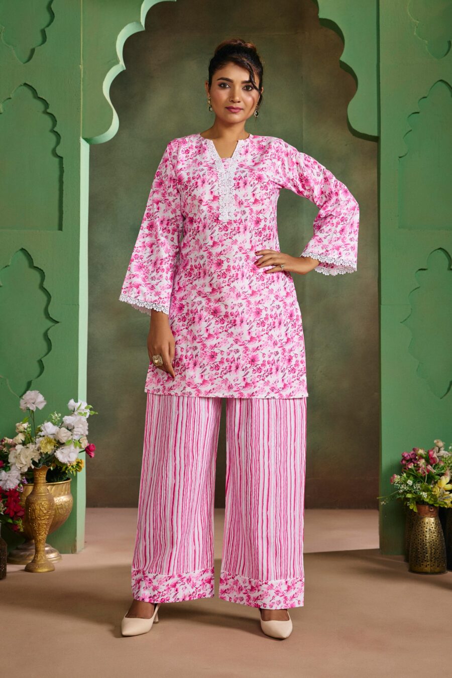 Pink Floral Cotton Printed Co-ord set - View 3 | PPAVAKEY Ethnic Wear
