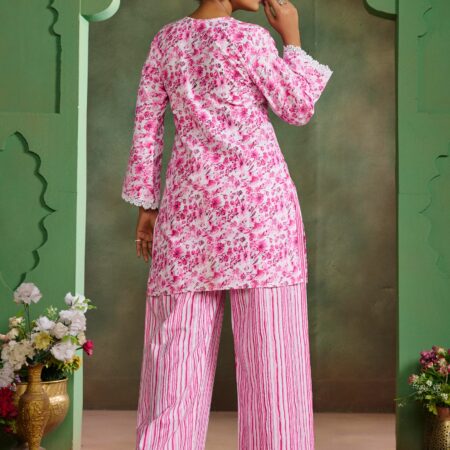 Pink Floral Cotton Printed Co-ord set - View 5 | PPAVAKEY Ethnic Wear