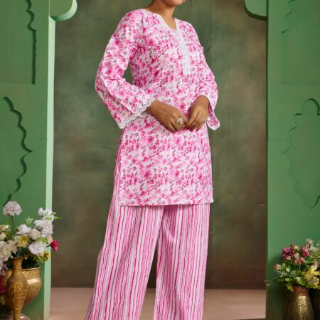 Pink Floral Cotton Printed Co-ord set - View 7 | PPAVAKEY Ethnic Wear