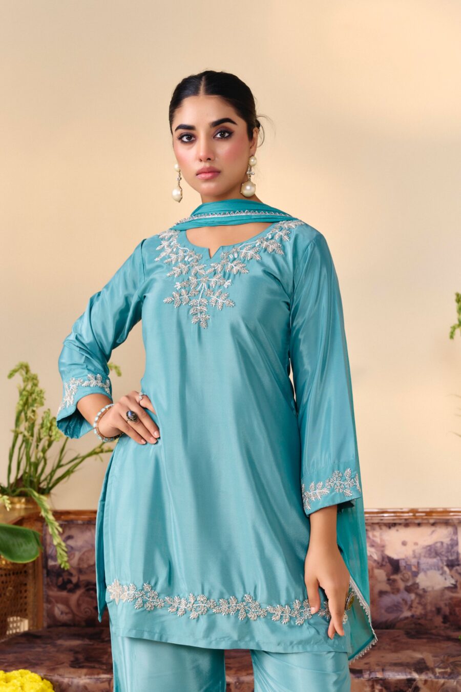 Turqouise Beaded Handwork Kurti set - View 3 | PPAVAKEY Ethnic Wear