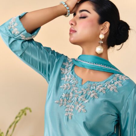 Turqouise Beaded Handwork Kurti set - View 4 | PPAVAKEY Ethnic Wear
