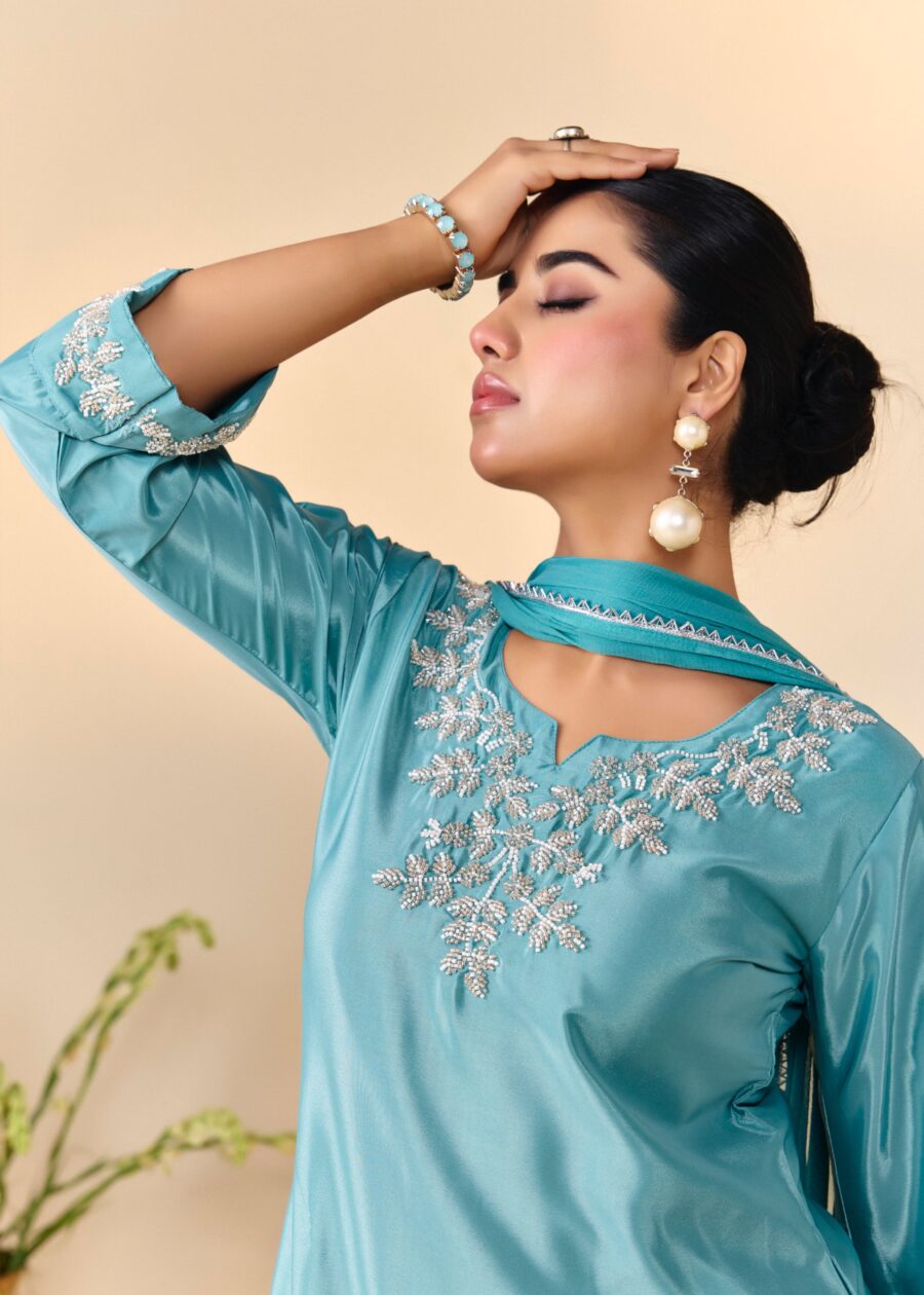 Turqouise Beaded Handwork Kurti set - View 4 | PPAVAKEY Ethnic Wear