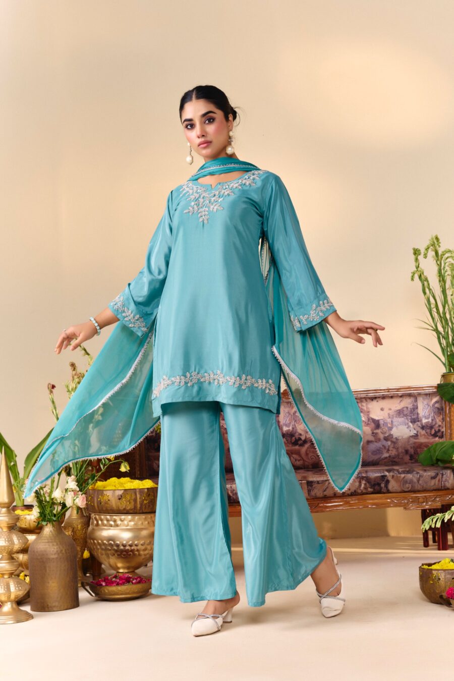 Turqouise Beaded Handwork Kurti set - View 5 | PPAVAKEY Ethnic Wear