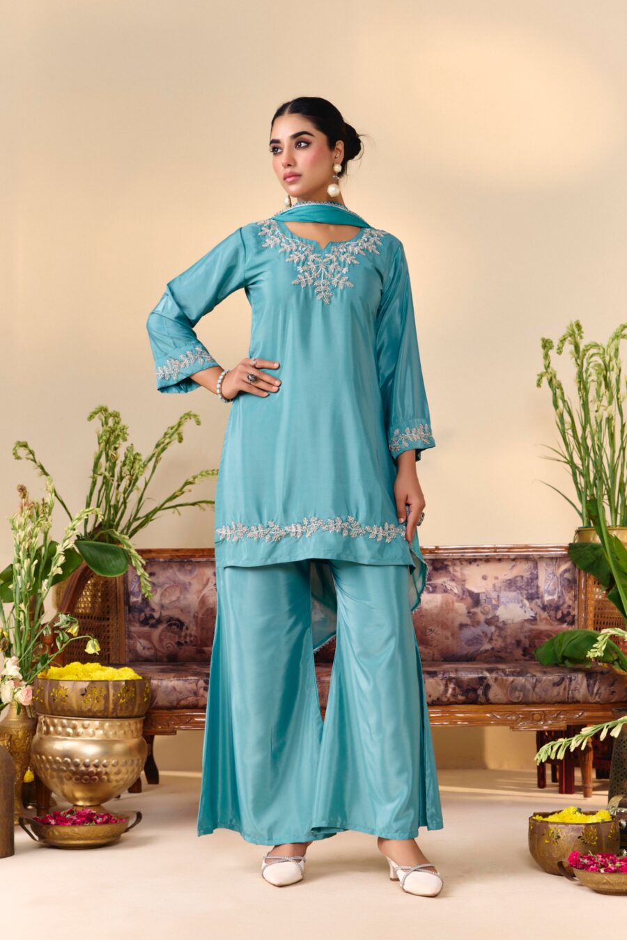 Turqouise Beaded Handwork Kurti set - View 6 | PPAVAKEY Ethnic Wear