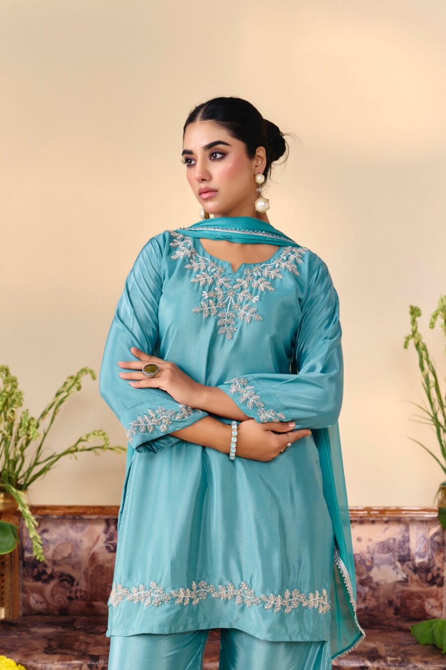 Turqouise Beaded Handwork Kurti set - View 7 | PPAVAKEY Ethnic Wear