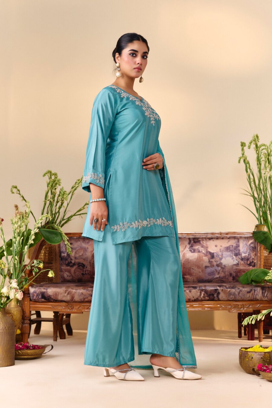 Turqouise Beaded Handwork Kurti set - View 8 | PPAVAKEY Ethnic Wear