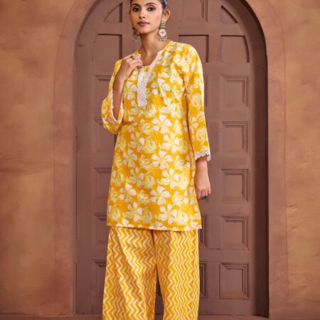 Yellow Cotton Printed Co-ord set - View 2 | PPAVAKEY Ethnic Wear