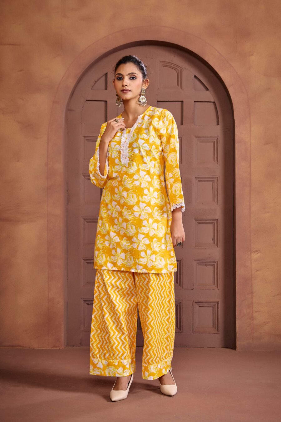 Yellow Cotton Printed Co-ord set - View 2 | PPAVAKEY Ethnic Wear