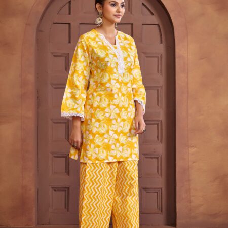 Yellow Cotton Printed Co-ord set - View 3 | PPAVAKEY Ethnic Wear