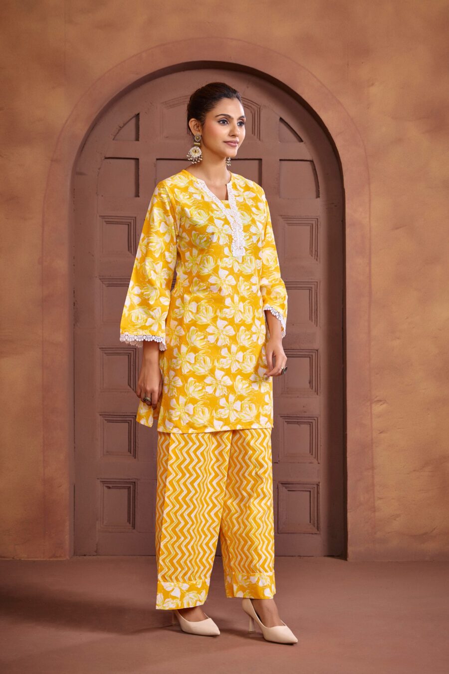 Yellow Cotton Printed Co-ord set - View 3 | PPAVAKEY Ethnic Wear