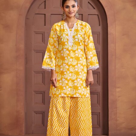 Yellow Cotton Printed Co-ord set - View 4 | PPAVAKEY Ethnic Wear