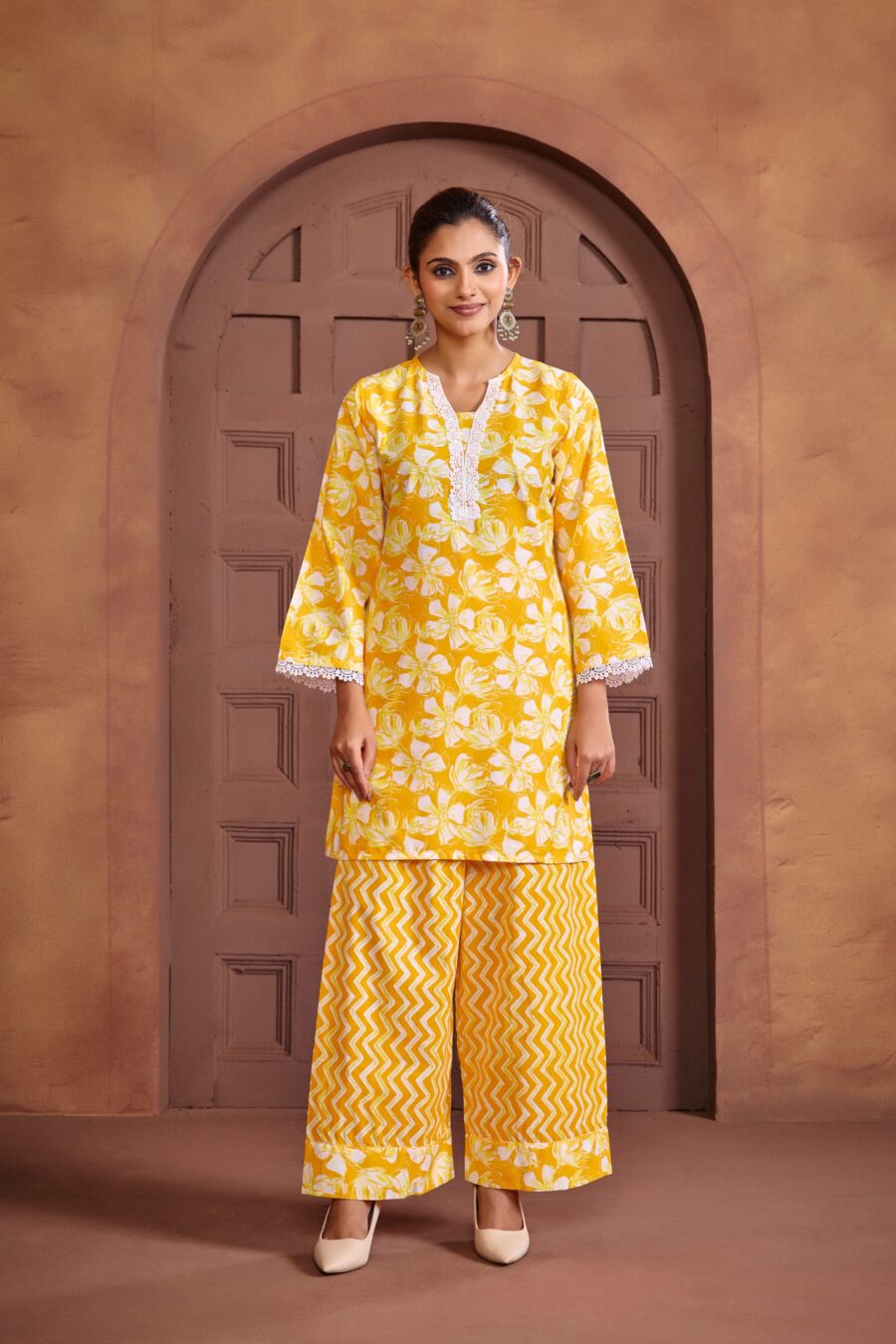 Yellow Cotton Printed Co-ord set - View 4 | PPAVAKEY Ethnic Wear